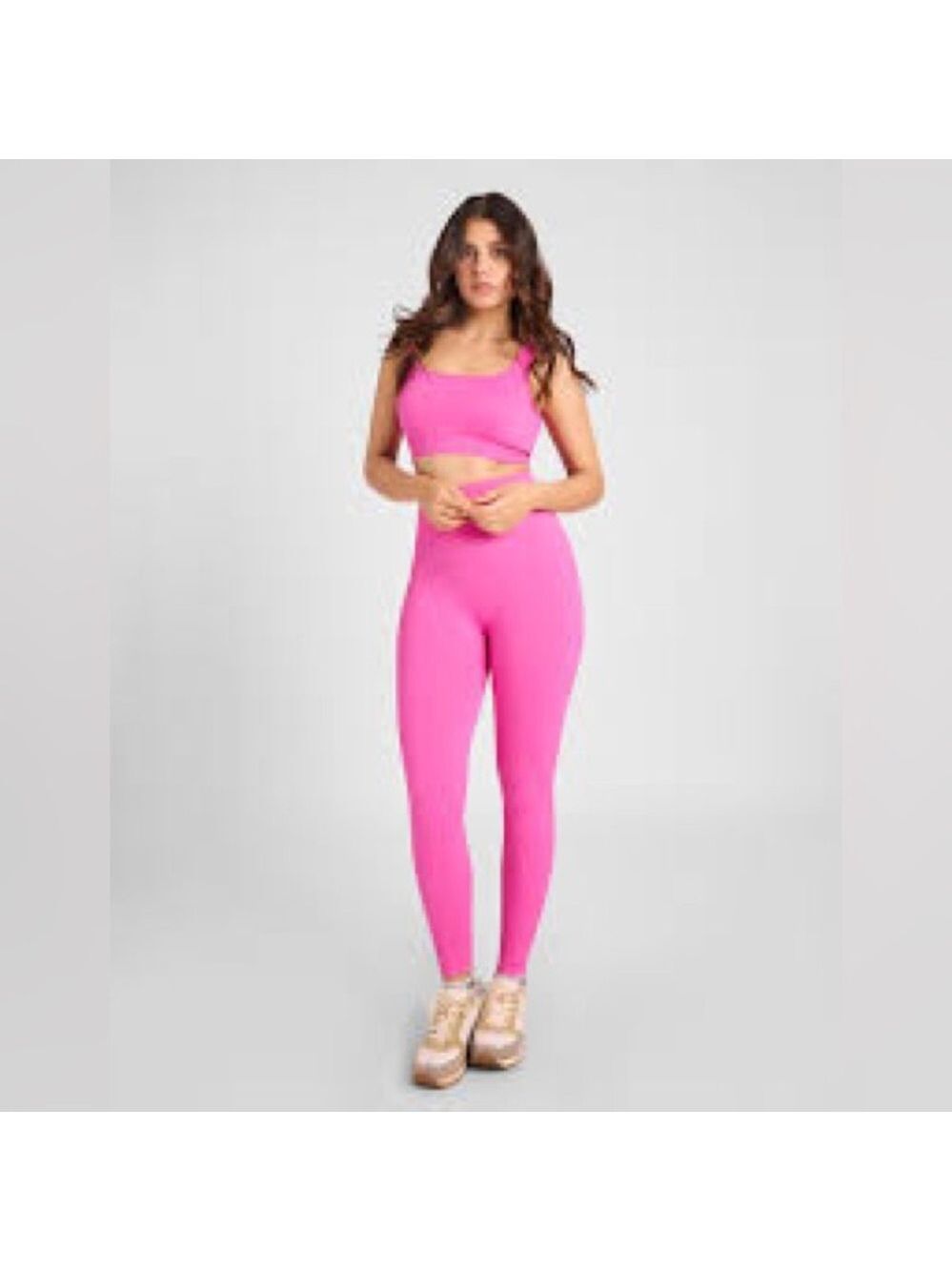 Pink Ribbed Bright Pink High-Waist Leggings with Sports Bra Sz Medium